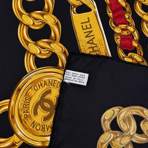 VINTAGE CHANEL SCARF LOGO CHAIN PATTERN BLACK GOLD SILK 90319716