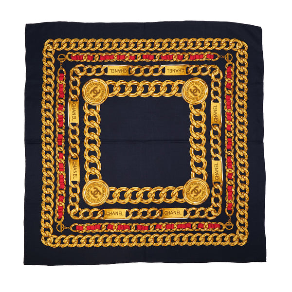 VINTAGE CHANEL SCARF LOGO CHAIN PATTERN BLACK YELLOW SILK 90318641