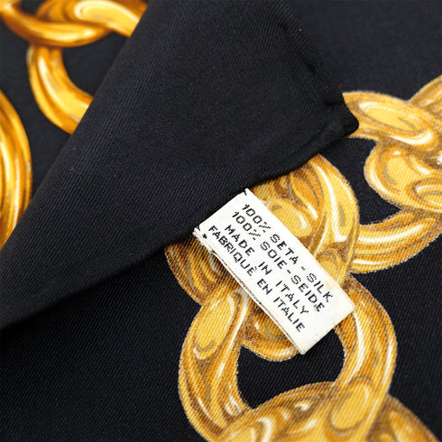 VINTAGE CHANEL SCARF LOGO CHAIN PATTERN BLACK YELLOW SILK 90318641