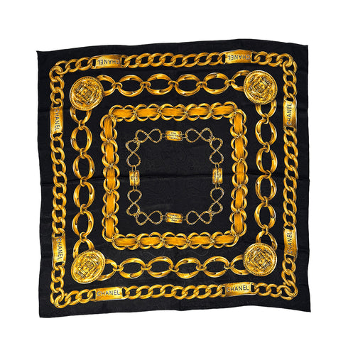 VINTAGE CHANEL SCARF LOGO CHAIN PATTERN BLACK YELLOW SILK 90318282