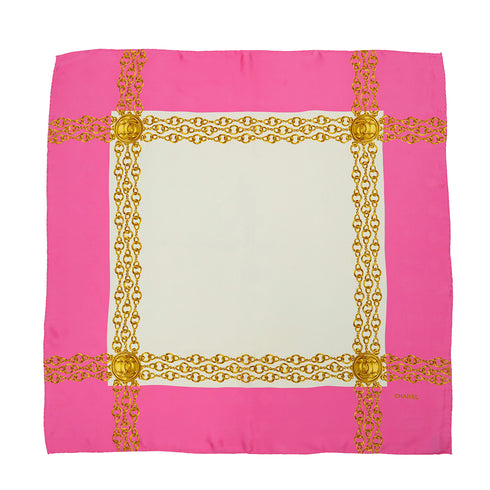 VINTAGE CHANEL SCARF COCOMARK CHAIN PATTERN PINK WHITE GOLD SILK 90319679