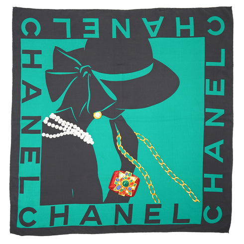 VINTAGE CHANEL SCARF MADEMOISELLE LOGO GREEN SILK 90341473