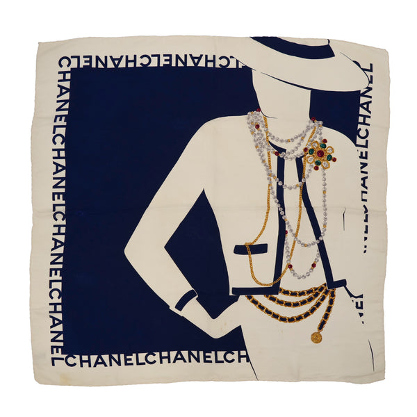 VINTAGE CHANEL SCARF MADEMOISELLE LOGO NAVY SILK 90321122