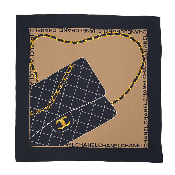 VINTAGE CHANEL SCARF MATELASSE BAG LOGO BLACK BROWN SILK 90322217