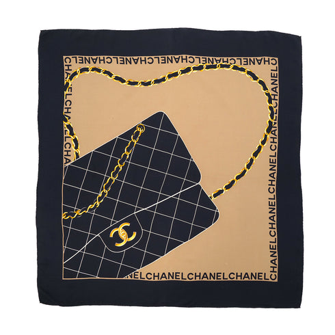 VINTAGE CHANEL SCARF MATELASSE BAG LOGO BLACK BEIGE SILK 90324120