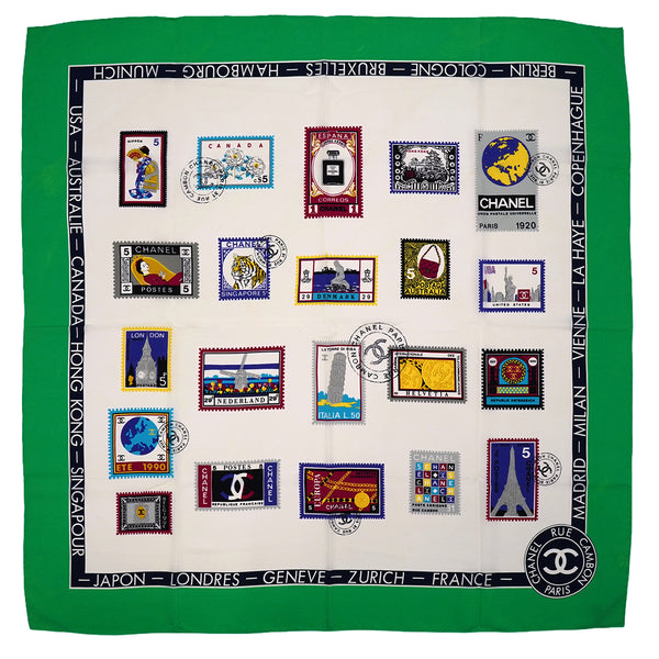 VINTAGE CHANEL SCARF STAMP PATTERN MULTICOLOR GREEN SILK 90339124