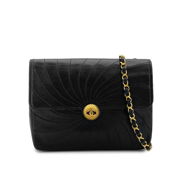 VINTAGE CHANEL SPIRAL CHAIN SHOULDER BAG BLACK LAMB SKIN GOLD HARDWARE 90315438