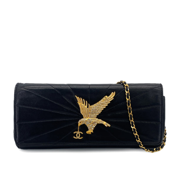 VINTAGE CHANEL STRASS IMPERIAL EAGLE CLUTCH CHAIN SHOULDER BAG RHINESTONE BLACK LAMB SKIN 90304710