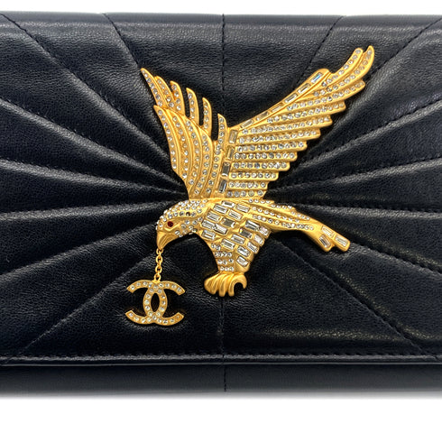 VINTAGE CHANEL STRASS IMPERIAL EAGLE CLUTCH CHAIN SHOULDER BAG RHINESTONE BLACK LAMB SKIN 90304710