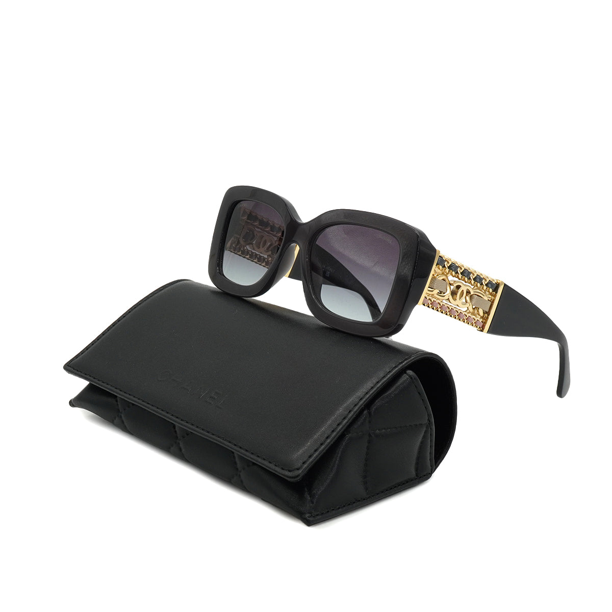 VINTAGE CHANEL SUNGLASSES COCOMARK CHAIN BLACK GOLD EYEWEAR