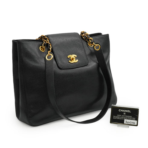 VINTAGE CHANEL SUPER MODEL CHAIN TOTE BAG BLACK CAVIAR SKIN GOLD HARDWARE 90335144