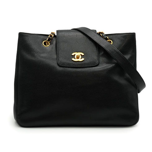 VINTAGE CHANEL SUPER MODEL CHAIN TOTE BAG BLACK CAVIAR SKIN GOLD HARDWARE 90335144