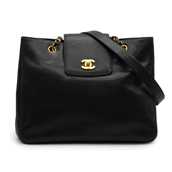 VINTAGE CHANEL SUPER MODEL CHAIN TOTE BAG BLACK CAVIAR SKIN GOLD HARDWARE 90335144