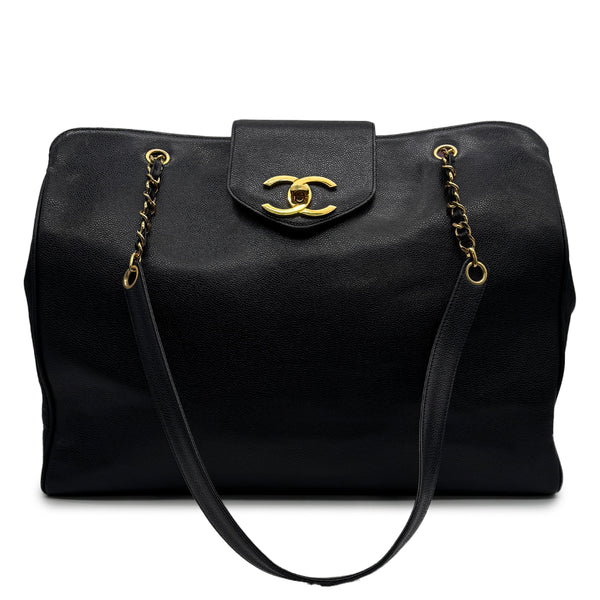 VINTAGE CHANEL SUPER MODEL CHAIN TOTE BAG BLACK CAVIAR SKIN GOLD HARDWARE 90305674