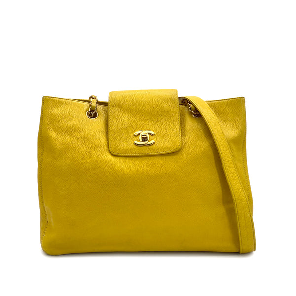 VINTAGE CHANEL SUPER MODEL CHAIN TOTE BAG YELLOW CAVIAR SKIN GOLD HARDWARE 90323096