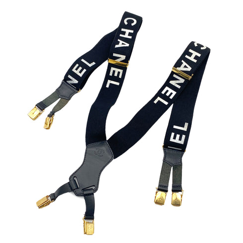 VINTAGE CHANEL SUSPENDER LOGO BLACK WHITE CANVAS LEATHER 90325639