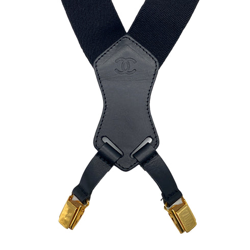 VINTAGE CHANEL SUSPENDER LOGO BLACK WHITE CANVAS LEATHER 90325639