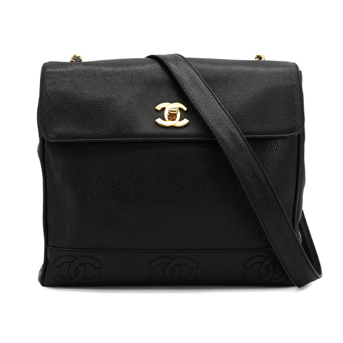 VINTAGE CHANEL TRIPLE COCO CHAIN SHOULDER BAG BLACK CAVIAR SKIN GOLD HARDWARE 90327070