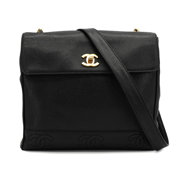VINTAGE CHANEL TRIPLE COCO CHAIN SHOULDER BAG BLACK CAVIAR SKIN GOLD HARDWARE 90327070