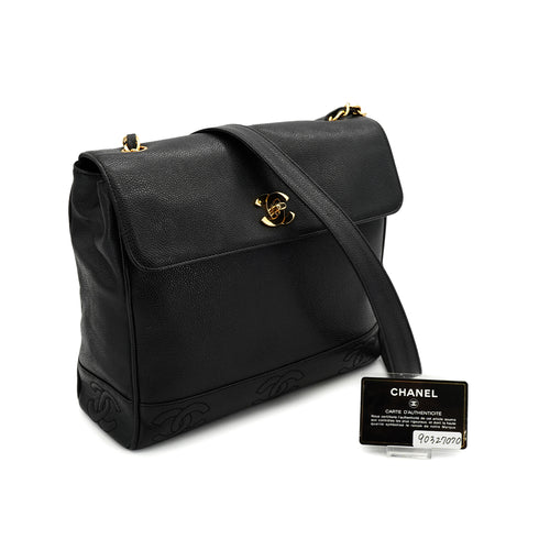 VINTAGE CHANEL TRIPLE COCO CHAIN SHOULDER BAG BLACK CAVIAR SKIN GOLD HARDWARE 90327070