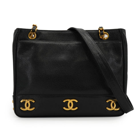 VINTAGE CHANEL TRIPLE COCO CHAIN SHOULDER BAG BLACK CAVIAR SKIN GOLD HARDWARE 90335297