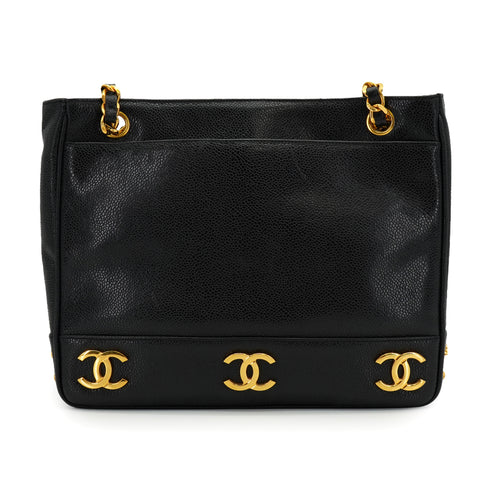 VINTAGE CHANEL TRIPLE COCO CHAIN SHOULDER BAG BLACK CAVIAR SKIN GOLD HARDWARE 90335297