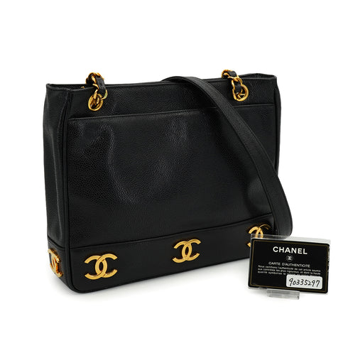 VINTAGE CHANEL TRIPLE COCO CHAIN SHOULDER BAG BLACK CAVIAR SKIN GOLD HARDWARE 90335297