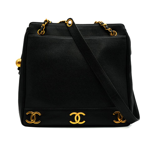 VINTAGE CHANEL TRIPLE COCO CHAIN SHOULDER BAG BLACK CAVIAR SKIN GOLD HARDWARE 90339656