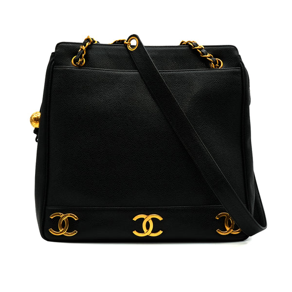 VINTAGE CHANEL TRIPLE COCO CHAIN SHOULDER BAG BLACK CAVIAR SKIN GOLD HARDWARE 90339656