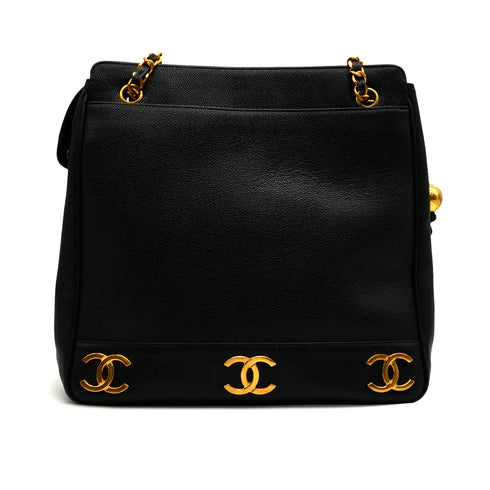 VINTAGE CHANEL TRIPLE COCO CHAIN SHOULDER BAG BLACK CAVIAR SKIN GOLD HARDWARE 90339656