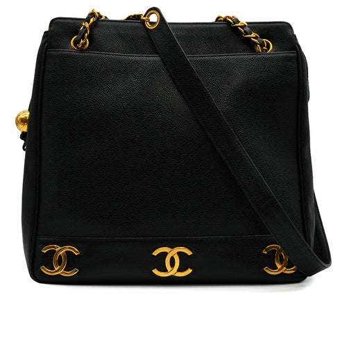 VINTAGE CHANEL TRIPLE COCO CHAIN SHOULDER BAG BLACK CAVIAR SKIN GOLD HARDWARE 90339656