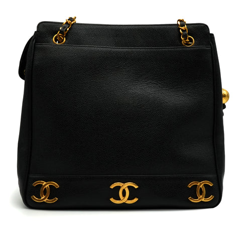 VINTAGE CHANEL TRIPLE COCO CHAIN SHOULDER BAG BLACK CAVIAR SKIN GOLD HARDWARE 90339656