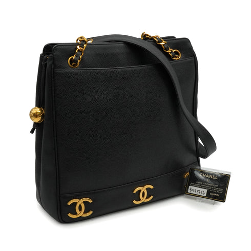 VINTAGE CHANEL TRIPLE COCO CHAIN SHOULDER BAG BLACK CAVIAR SKIN GOLD HARDWARE 90339656
