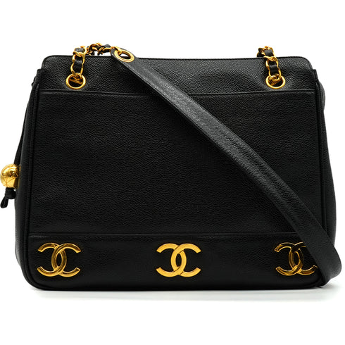 VINTAGE CHANEL TRIPLE COCO CHAIN SHOULDER BAG BLACK CAVIAR SKIN GOLD HARDWARE 90350410