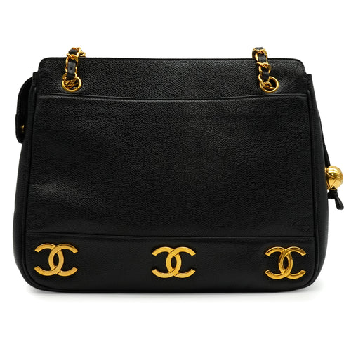 VINTAGE CHANEL TRIPLE COCO CHAIN SHOULDER BAG BLACK CAVIAR SKIN GOLD HARDWARE 90350410