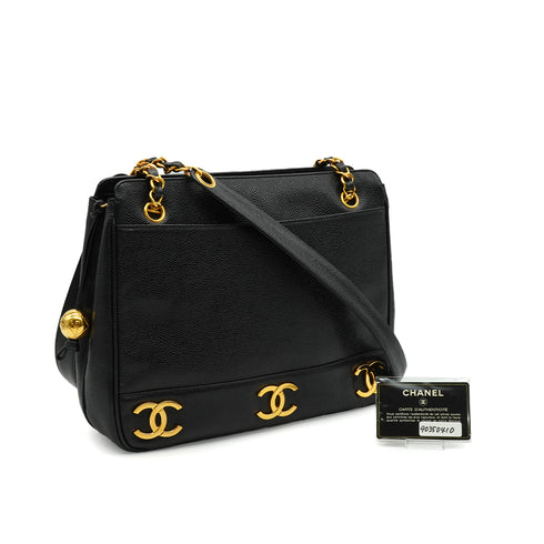 VINTAGE CHANEL TRIPLE COCO CHAIN SHOULDER BAG BLACK CAVIAR SKIN GOLD HARDWARE 90350410