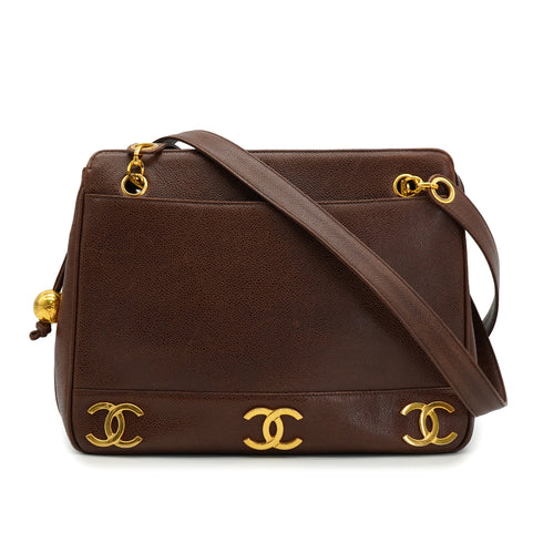VINTAGE CHANEL TRIPLE COCO CHAIN SHOULDER BAG BROWN CAVIAR SKIN GOLD HARDWARE 90330956