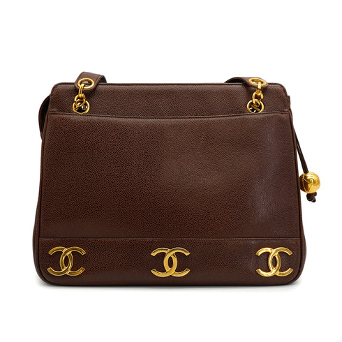 VINTAGE CHANEL TRIPLE COCO CHAIN SHOULDER BAG BROWN CAVIAR SKIN GOLD HARDWARE 90330956