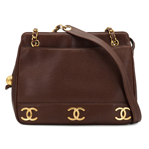 VINTAGE CHANEL TRIPLE COCO CHAIN SHOULDER BAG BROWN CAVIAR SKIN GOLD HARDWARE 90333760