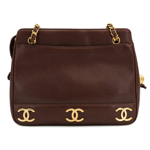 VINTAGE CHANEL TRIPLE COCO CHAIN SHOULDER BAG BROWN CAVIAR SKIN GOLD HARDWARE 90333760
