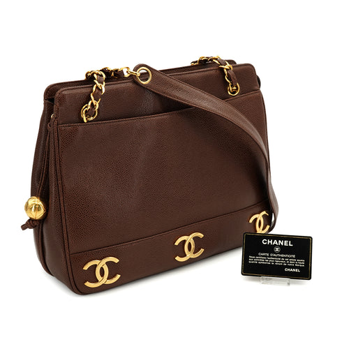 VINTAGE CHANEL TRIPLE COCO CHAIN SHOULDER BAG BROWN CAVIAR SKIN GOLD HARDWARE 90333760