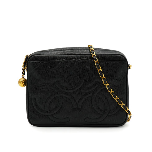 VINTAGE CHANEL TRIPLE COCO CHAIN SHOULDER BAG FRINGE BLACK CAVIR SKIN GOLD HARDWARE 90341863