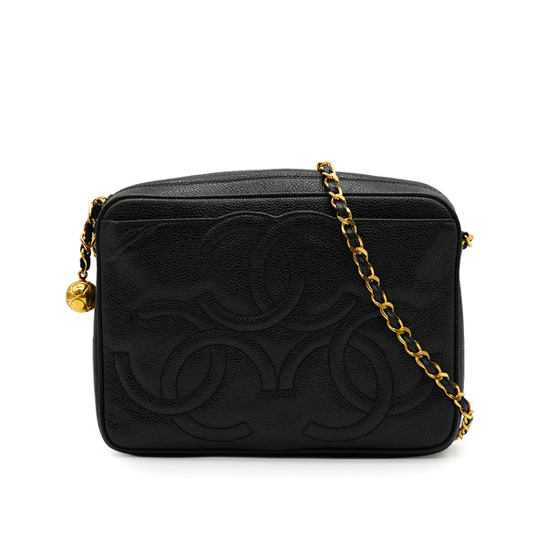 VINTAGE CHANEL TRIPLE COCO CHAIN SHOULDER BAG FRINGE BLACK CAVIR SKIN GOLD HARDWARE 90341863