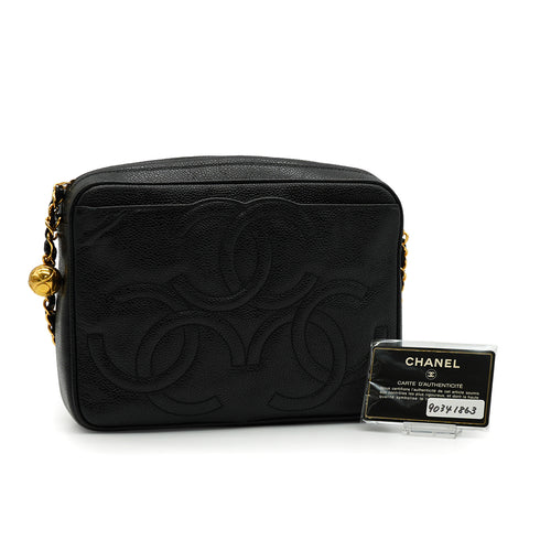VINTAGE CHANEL TRIPLE COCO CHAIN SHOULDER BAG FRINGE BLACK CAVIR SKIN GOLD HARDWARE 90341863