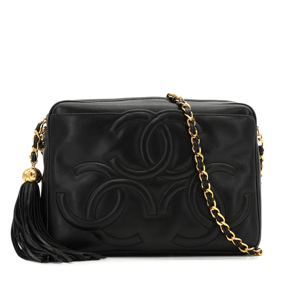 VINTAGE CHANEL TRIPLE COCO CHAIN SHOULDER BAG FRINGE BLACK LAMB SKIN GOLD HARDWARE 90341455