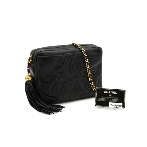VINTAGE CHANEL TRIPLE COCO CHAIN SHOULDER BAG FRINGE BLACK LAMB SKIN GOLD HARDWARE 90341455