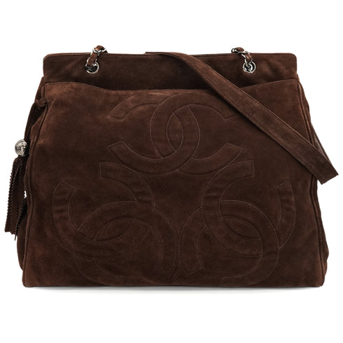VINTAGE CHANEL TRIPLE COCO CHAIN SHOULDER TOTE BAG FRINGE BROWN SUEDE SILVER HARDWARE 90348538