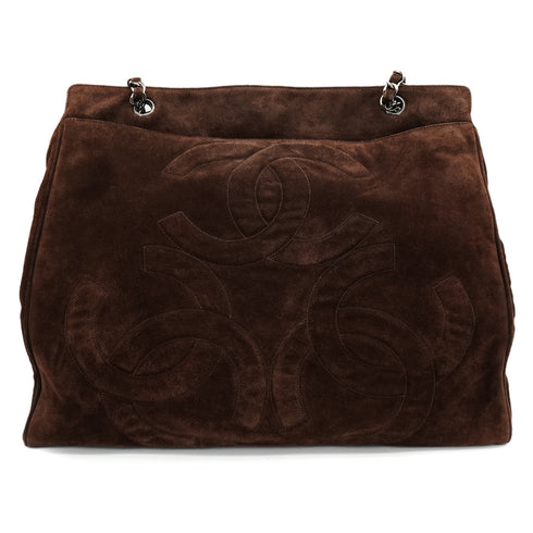 VINTAGE CHANEL TRIPLE COCO CHAIN SHOULDER TOTE BAG FRINGE BROWN SUEDE SILVER HARDWARE 90348538