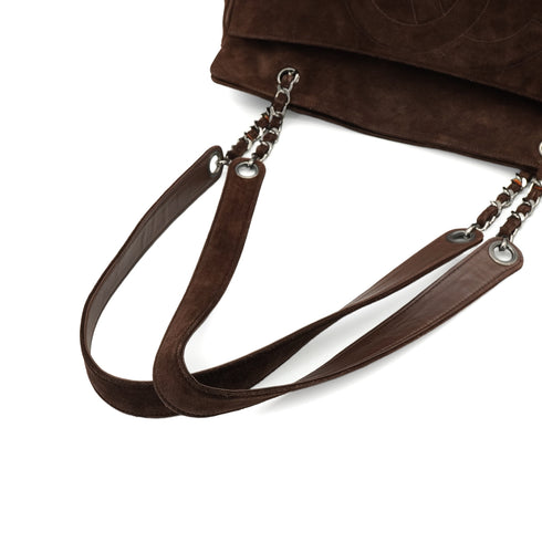 VINTAGE CHANEL TRIPLE COCO CHAIN SHOULDER TOTE BAG FRINGE BROWN SUEDE SILVER HARDWARE 90348538