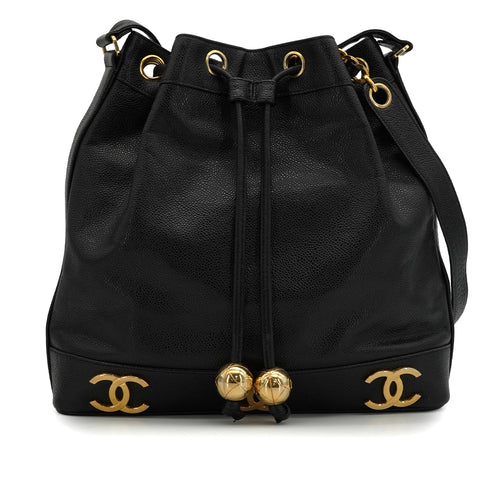 VINTAGE CHANEL TRIPLE COCO DRAWSTRING CHAIN SHOULDER BAG BLACK CAVIAR SKIN GOLD HARDWARE 90339658